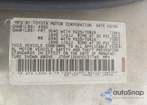 2000 Lexus Rx 300 из США, поврежденный, VIN JT6HF10UXY0137749